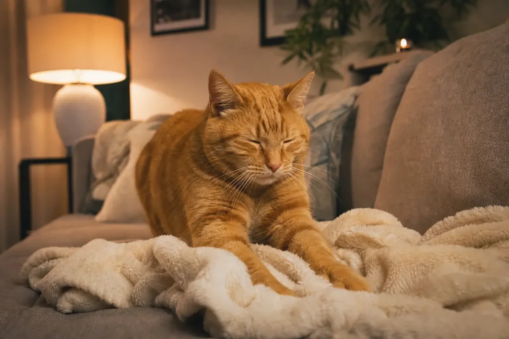 Кошка мнует мягкий плед — спокойное доверительное поведение