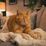 Кошка мнует мягкий плед — спокойное доверительное поведение