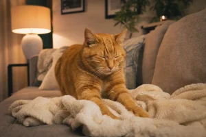 Кошка мнует мягкий плед — спокойное доверительное поведение